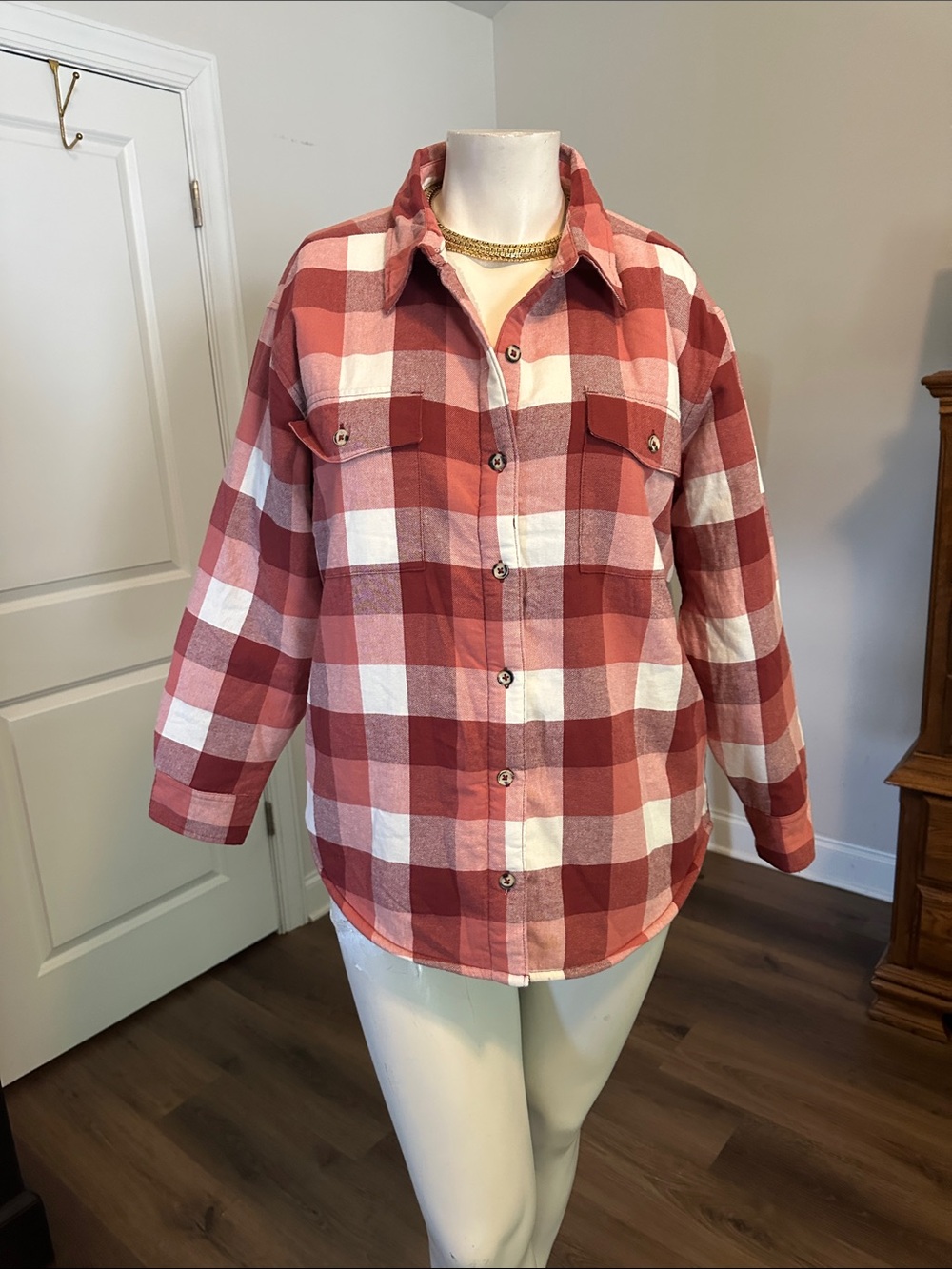 Natural Reflections Pink & White Plaid Button-Up Utility Shirt Jacket